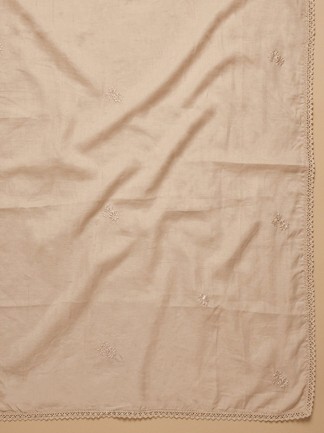 Beige Embroidered Cotton Blend Unstitched Suit &amp; Pant With Cotton Dupatta