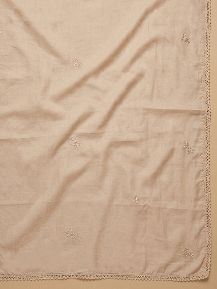 Beige Embroidered Cotton Blend Unstitched Suit &amp; Pant With Cotton Dupatta