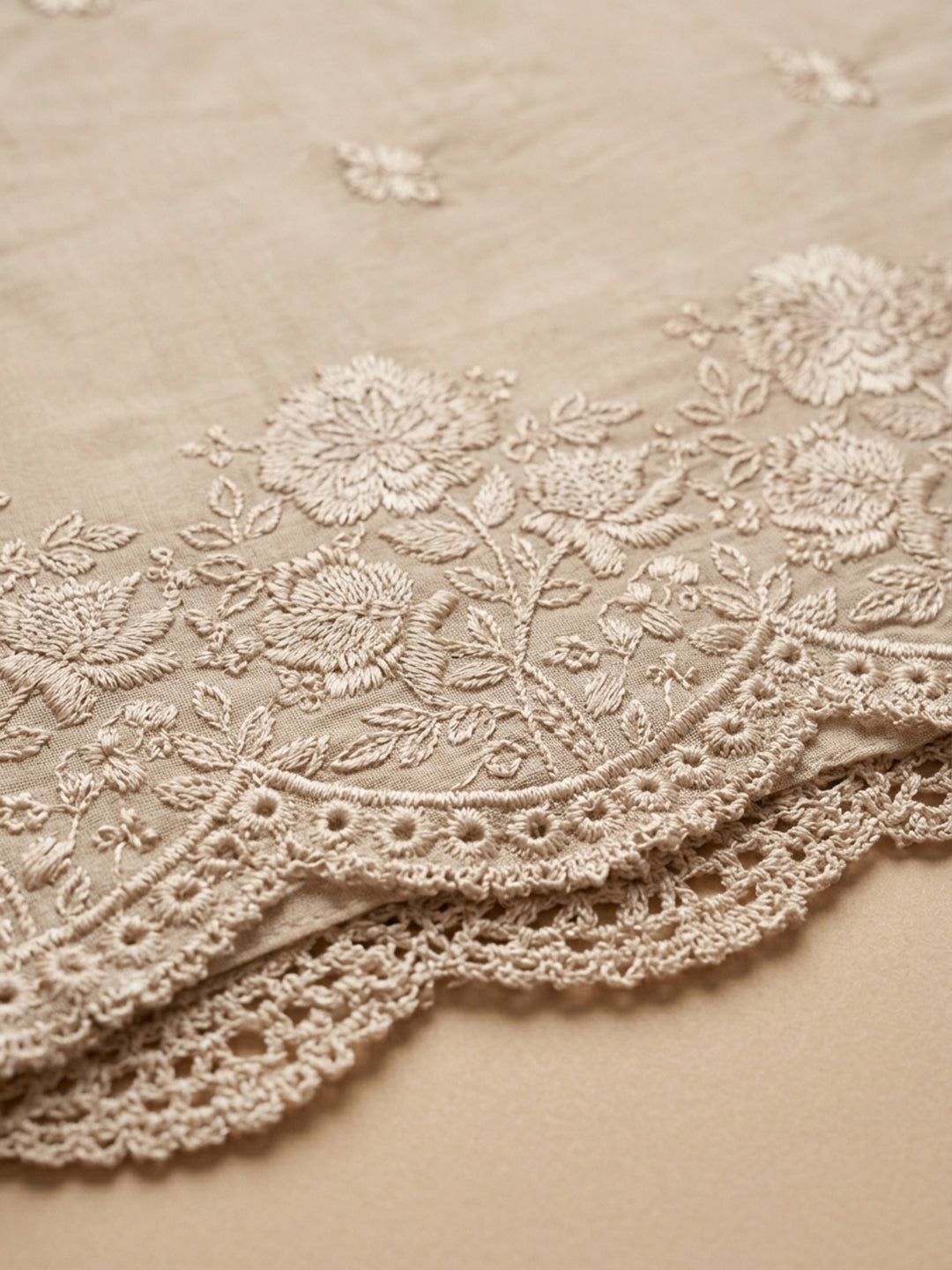 Beige Embroidered Cotton Blend Unstitched Suit &amp; Pant With Cotton Dupatta