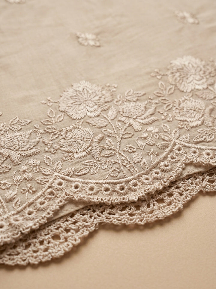 Beige Embroidered Cotton Blend Unstitched Suit &amp; Pant With Cotton Dupatta