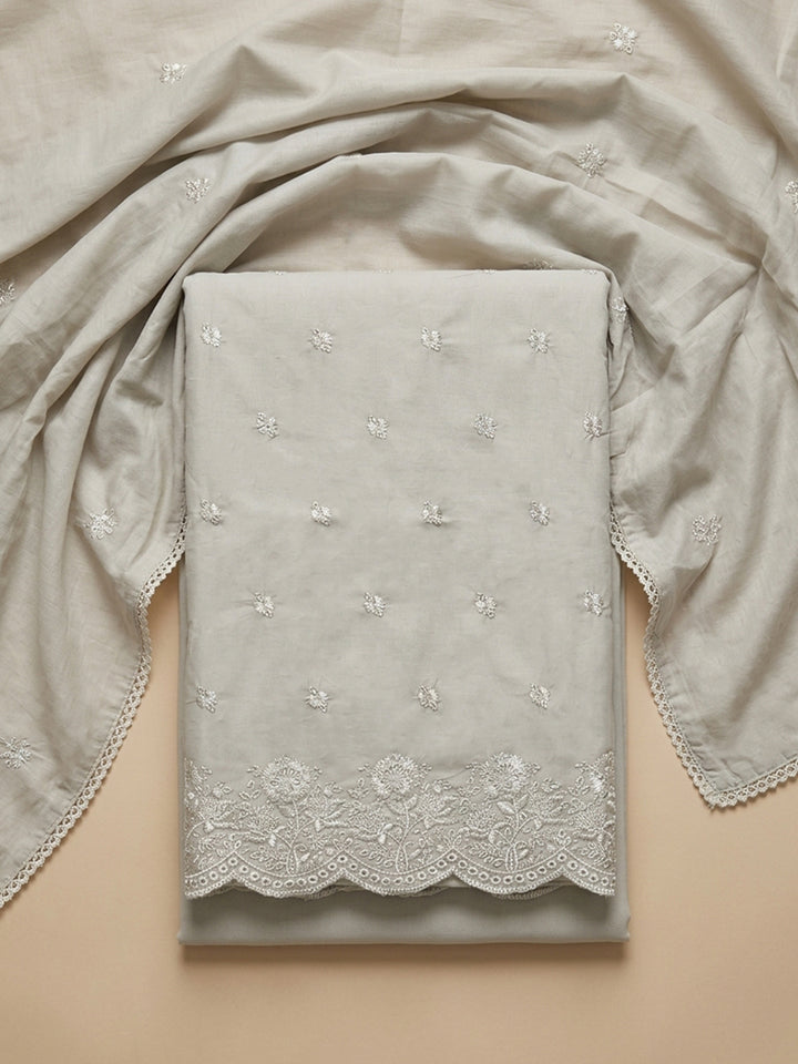 Cream Embroidered Cotton Blend Unstitched Suit &amp; Pant With Cotton Dupatta