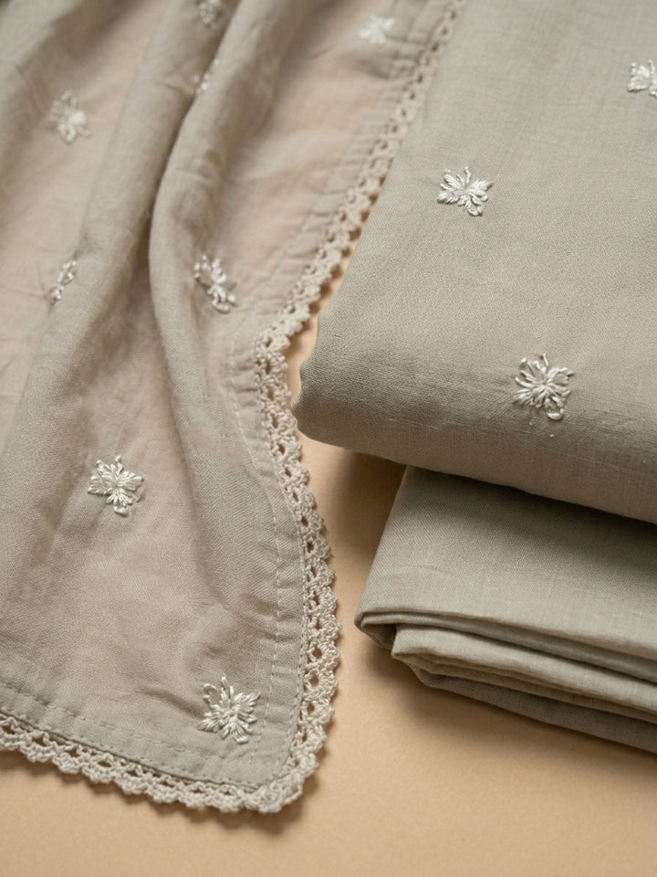 Cream Embroidered Cotton Blend Unstitched Suit &amp; Pant With Cotton Dupatta