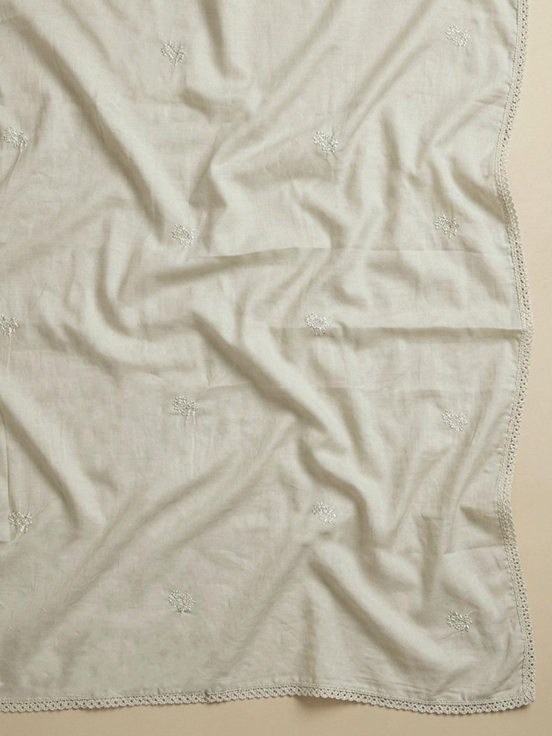 Cream Embroidered Cotton Blend Unstitched Suit &amp; Pant With Cotton Dupatta