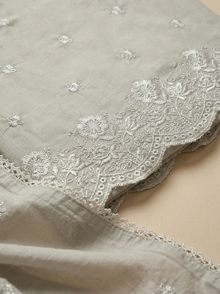 Cream Embroidered Cotton Blend Unstitched Suit &amp; Pant With Cotton Dupatta