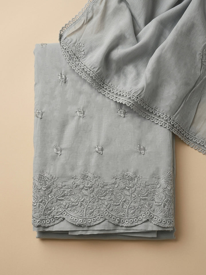 Grey Embroidered Cotton Blend Unstitched Suit &amp; Pant With Cotton Dupatta