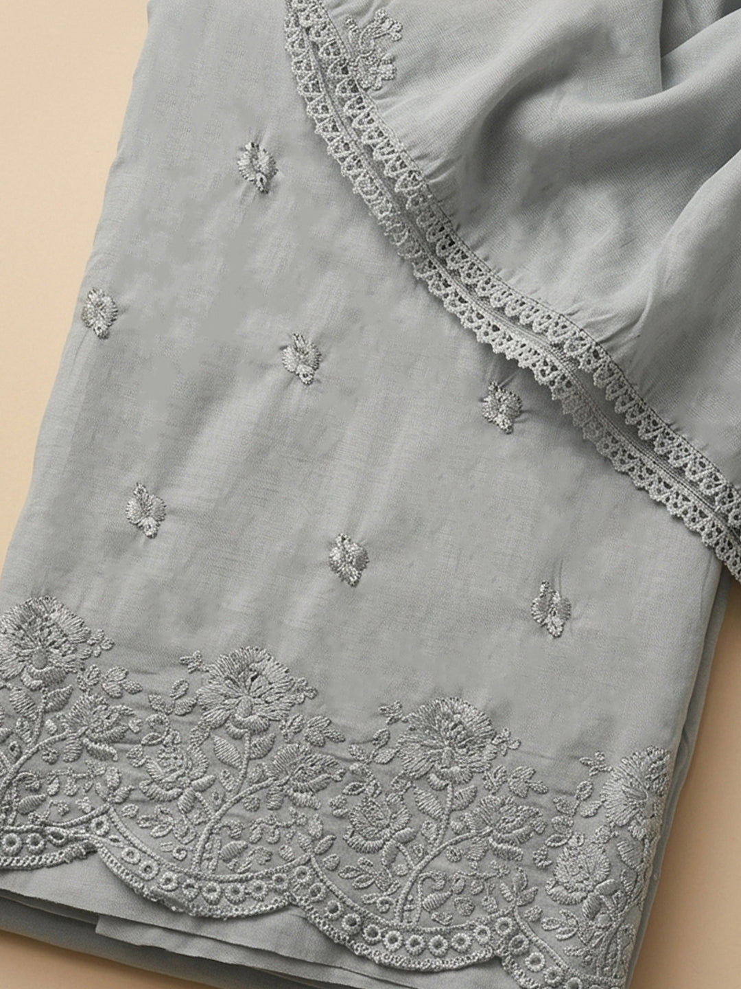 Grey Embroidered Cotton Blend Unstitched Suit &amp; Pant With Cotton Dupatta