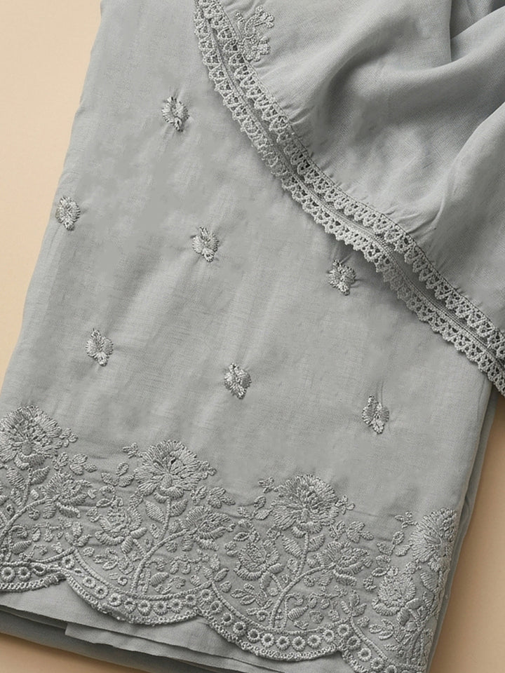 Grey Embroidered Cotton Blend Unstitched Suit &amp; Pant With Cotton Dupatta