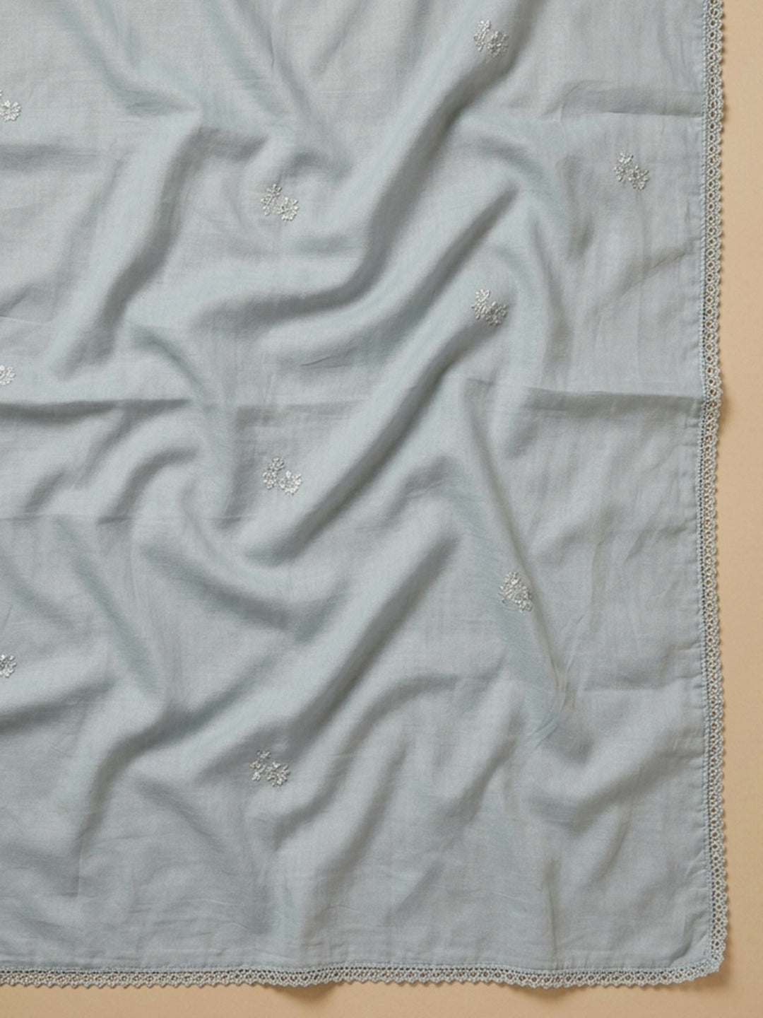Grey Embroidered Cotton Blend Unstitched Suit &amp; Pant With Cotton Dupatta