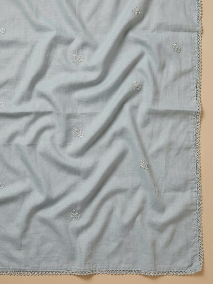 Grey Embroidered Cotton Blend Unstitched Suit &amp; Pant With Cotton Dupatta