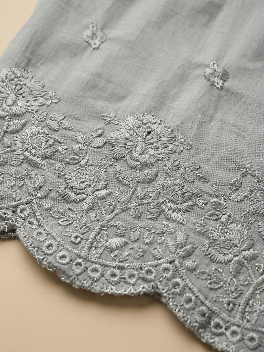 Grey Embroidered Cotton Blend Unstitched Suit &amp; Pant With Cotton Dupatta