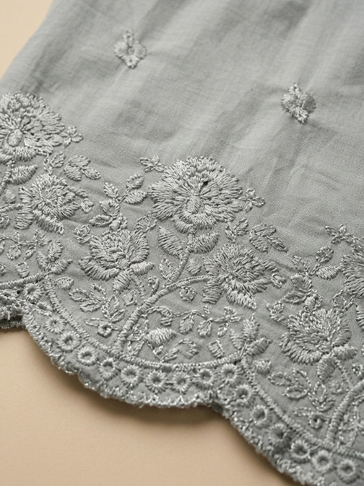 Grey Embroidered Cotton Blend Unstitched Suit &amp; Pant With Cotton Dupatta