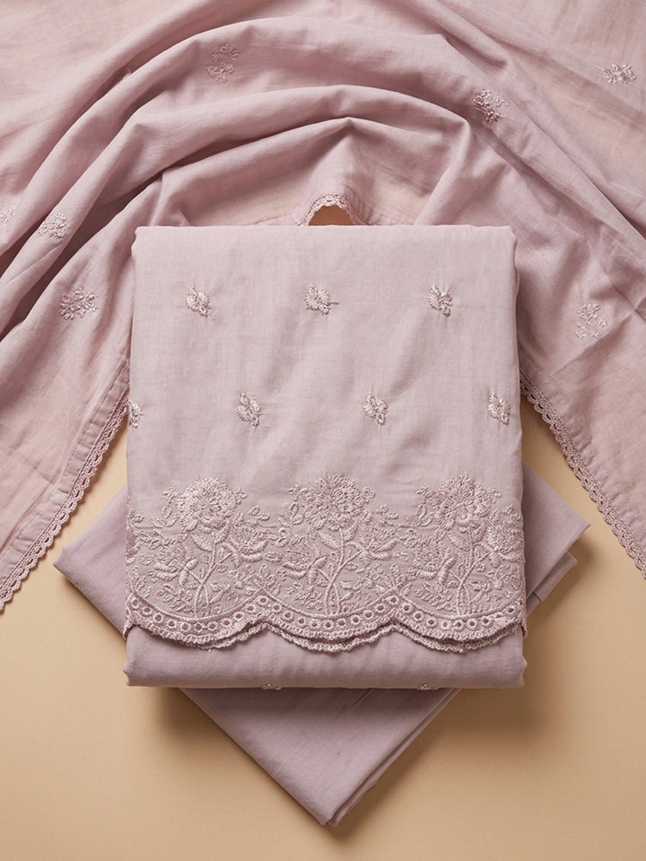 Onion Pink Embroidered Cotton Blend Unstitched Suit &amp; Pant With Cotton Dupatta