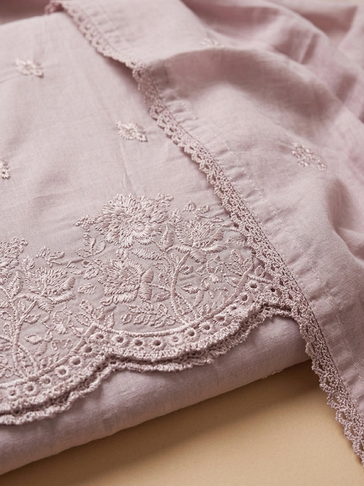 Onion Pink Embroidered Cotton Blend Unstitched Suit &amp; Pant With Cotton Dupatta