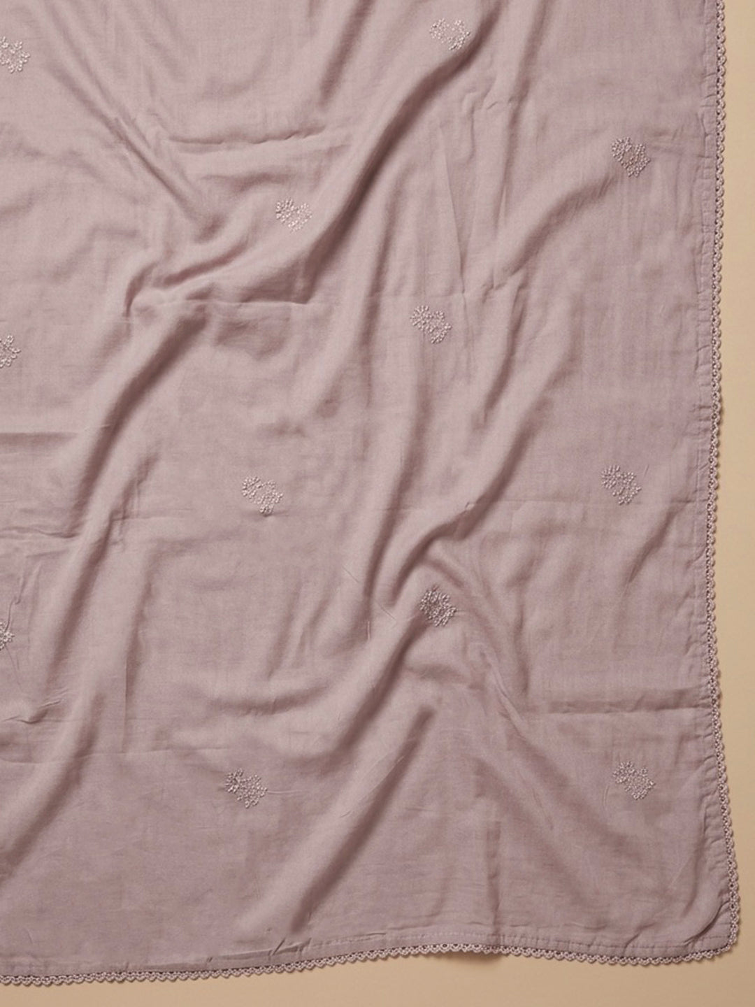 Onion Pink Embroidered Cotton Blend Unstitched Suit &amp; Pant With Cotton Dupatta
