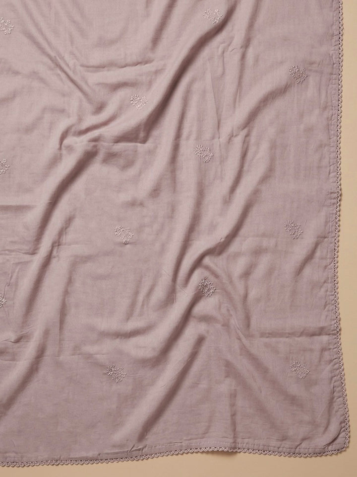 Onion Pink Embroidered Cotton Blend Unstitched Suit &amp; Pant With Cotton Dupatta