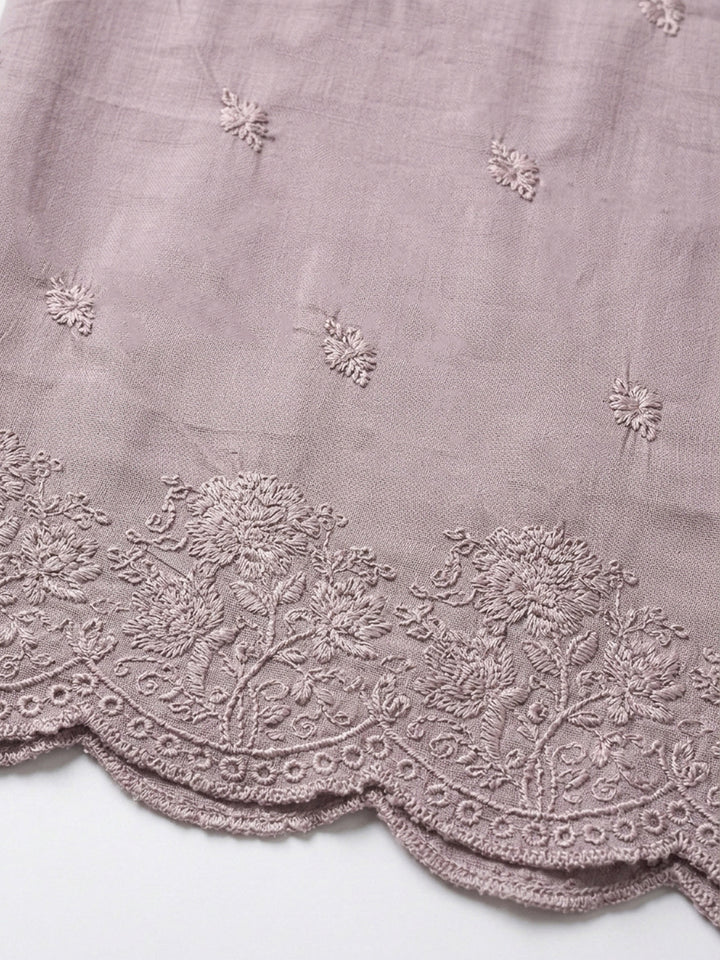 Onion Pink Embroidered Cotton Blend Unstitched Suit &amp; Pant With Cotton Dupatta