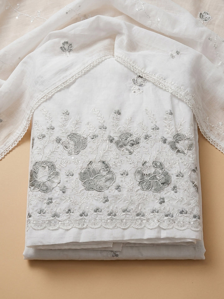 Cream Grey Embroidered Cotton Blend Unstitched Suit &amp; Pant With Cotton Dupatta