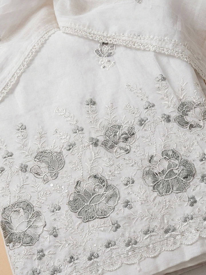 Cream Grey Embroidered Cotton Blend Unstitched Suit &amp; Pant With Cotton Dupatta