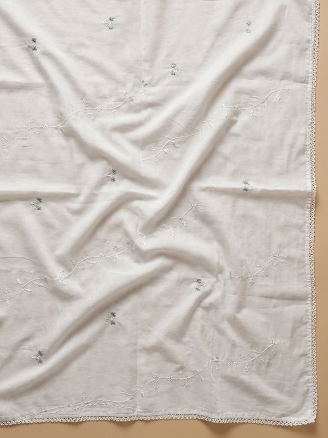 Cream Grey Embroidered Cotton Blend Unstitched Suit &amp; Pant With Cotton Dupatta