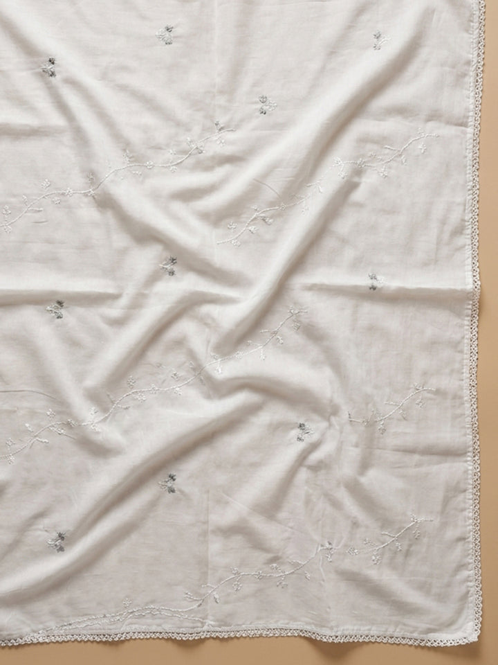 Cream Grey Embroidered Cotton Blend Unstitched Suit &amp; Pant With Cotton Dupatta
