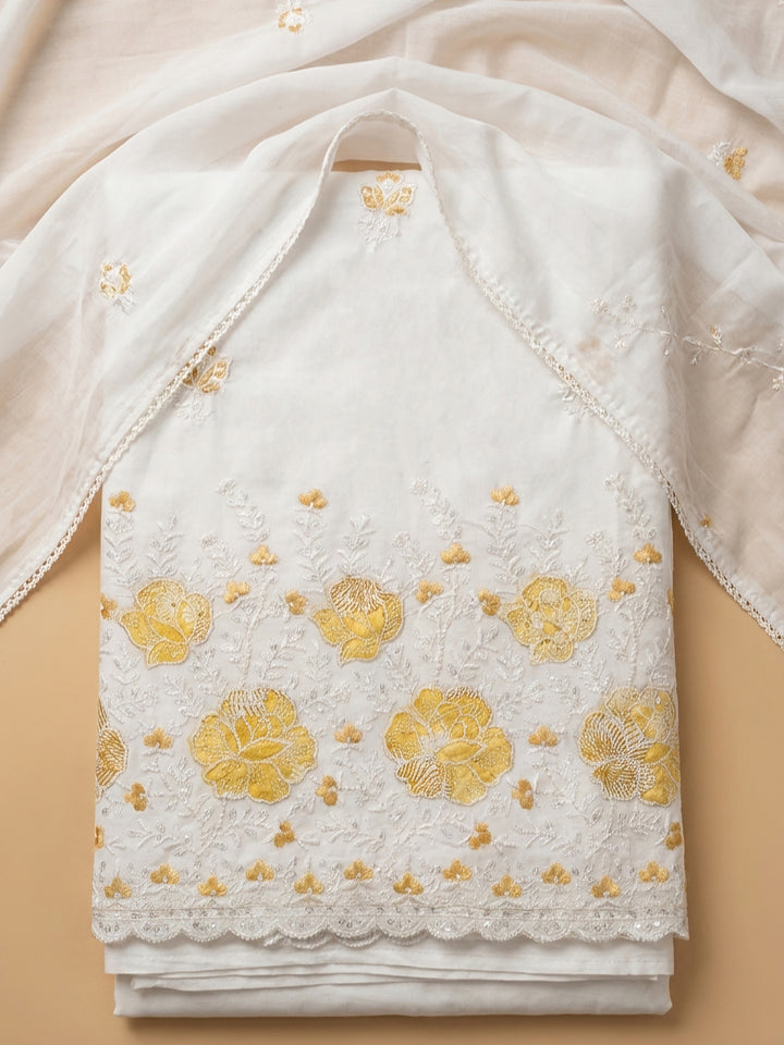 Cream Mustard Embroidered Cotton Blend Unstitched Suit &amp; Pant With Cotton Dupatta