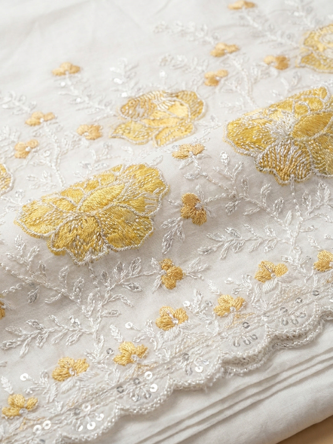 Cream Mustard Embroidered Cotton Blend Unstitched Suit &amp; Pant With Cotton Dupatta