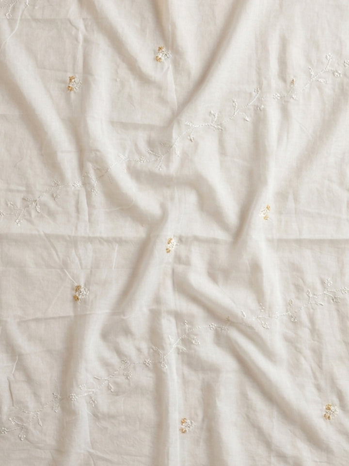 Cream Mustard Embroidered Cotton Blend Unstitched Suit &amp; Pant With Cotton Dupatta