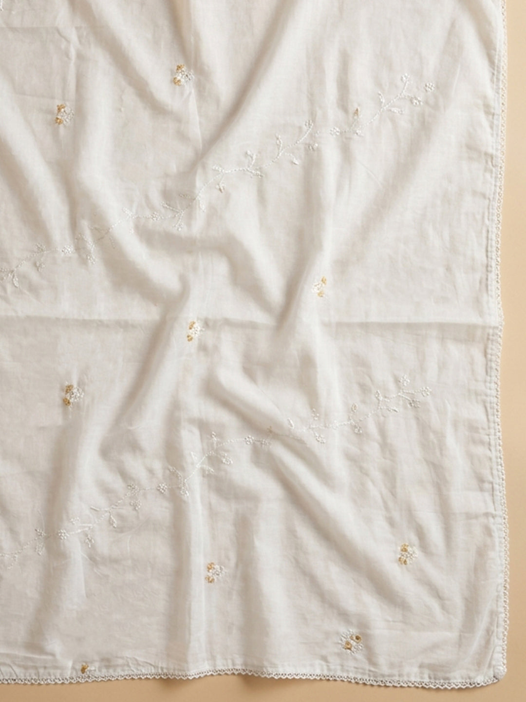 Cream Mustard Embroidered Cotton Blend Unstitched Suit &amp; Pant With Cotton Dupatta