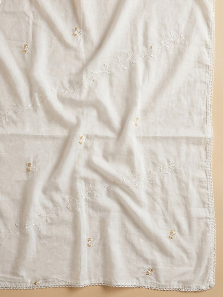 Cream Mustard Embroidered Cotton Blend Unstitched Suit &amp; Pant With Cotton Dupatta
