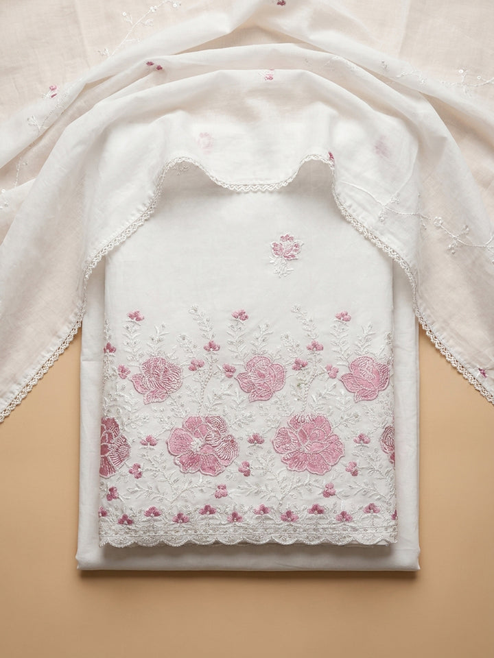 Cream Pink Embroidered Cotton Blend Unstitched Suit &amp; Pant With Cotton Dupatta