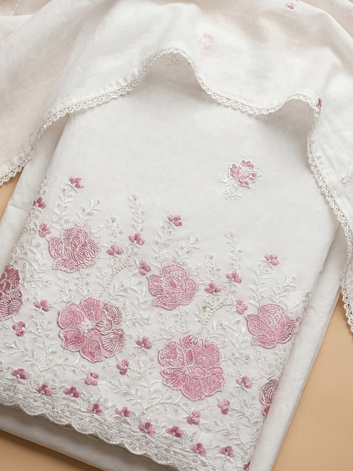 Cream Pink Embroidered Cotton Blend Unstitched Suit &amp; Pant With Cotton Dupatta