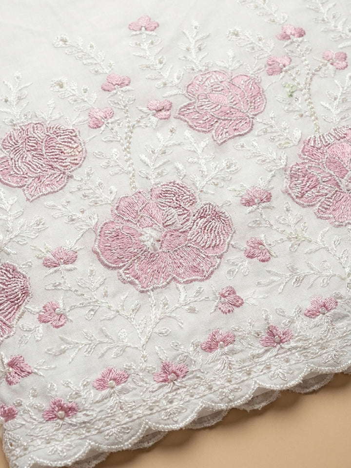 Cream Pink Embroidered Cotton Blend Unstitched Suit &amp; Pant With Cotton Dupatta