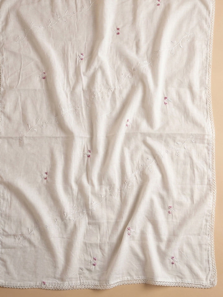 Cream Pink Embroidered Cotton Blend Unstitched Suit &amp; Pant With Cotton Dupatta