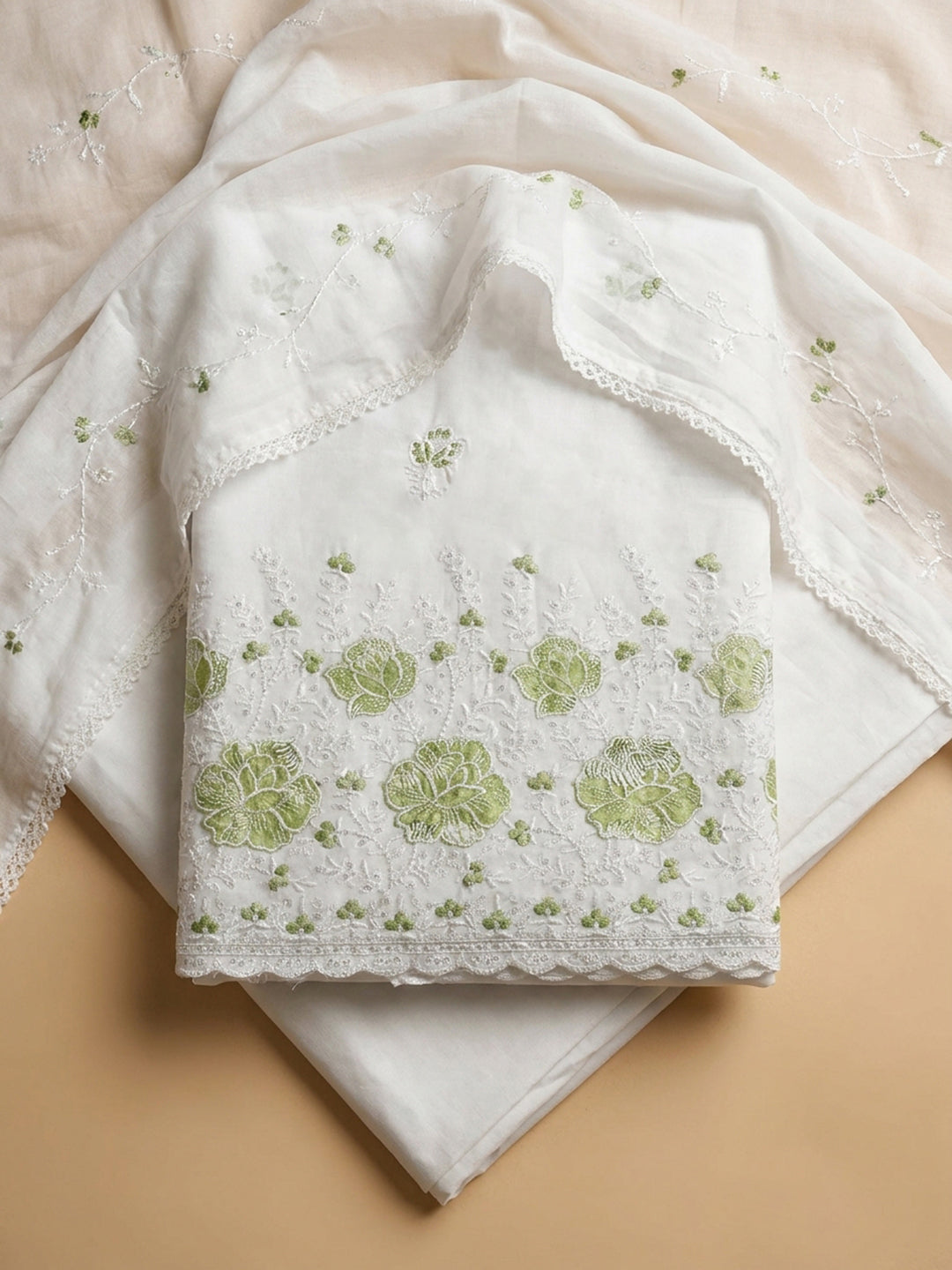 Cream Pista Green Embroidered Cotton Blend Unstitched Suit &amp; Pant With Cotton Dupatta