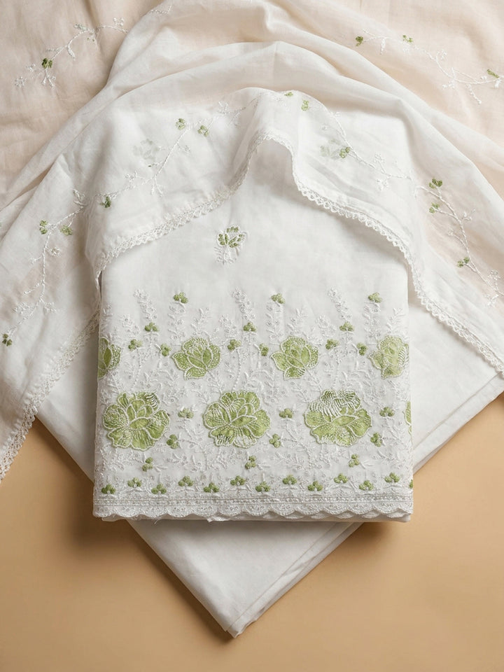 Cream Pista Green Embroidered Cotton Blend Unstitched Suit &amp; Pant With Cotton Dupatta