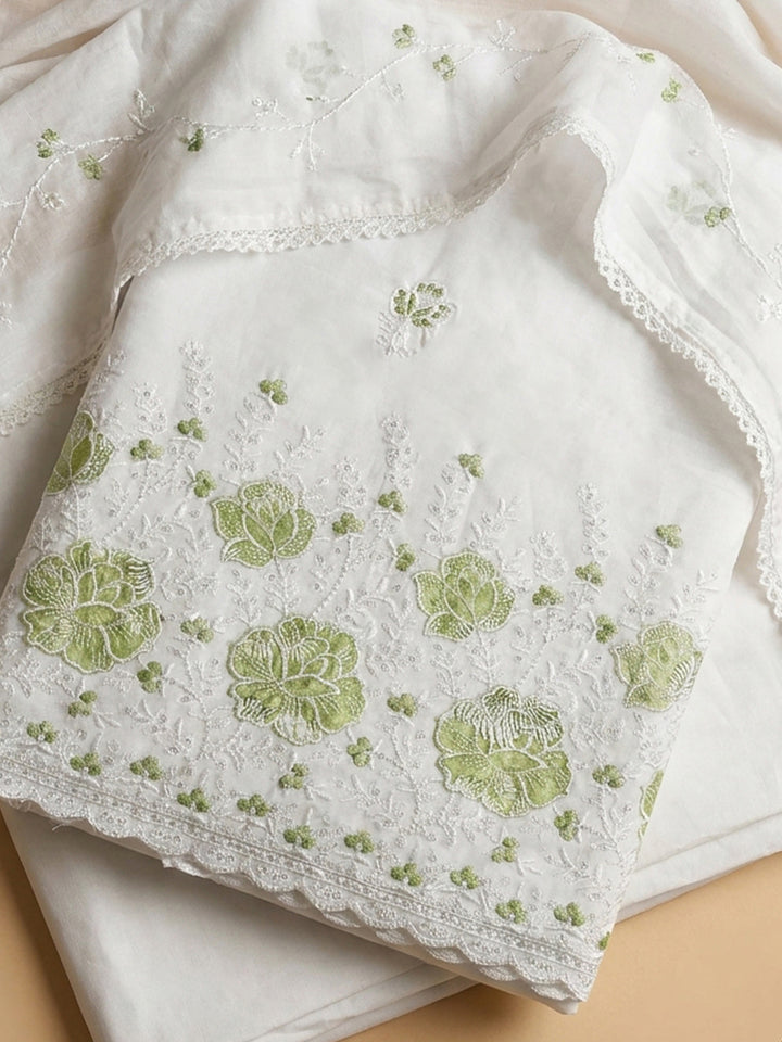 Cream Pista Green Embroidered Cotton Blend Unstitched Suit &amp; Pant With Cotton Dupatta
