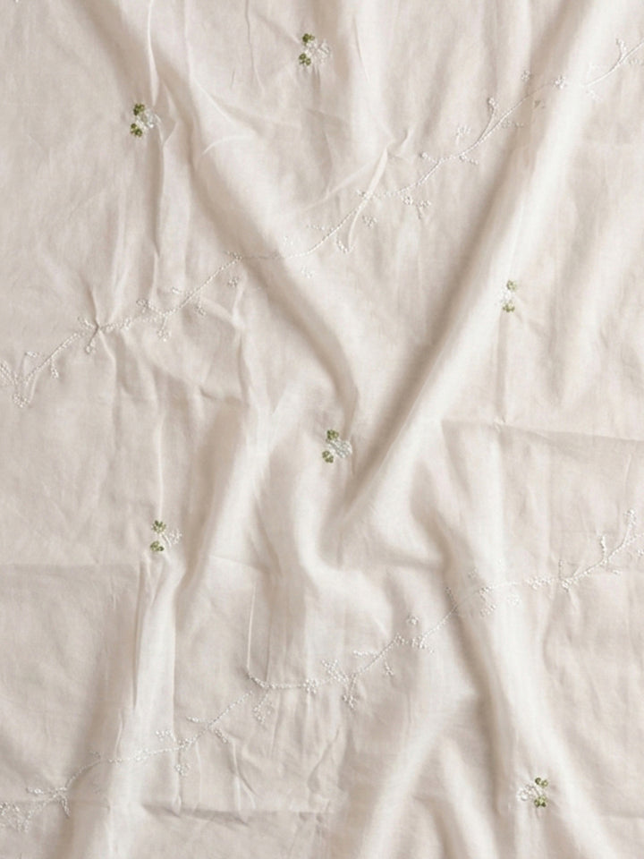 Cream Pista Green Embroidered Cotton Blend Unstitched Suit &amp; Pant With Cotton Dupatta