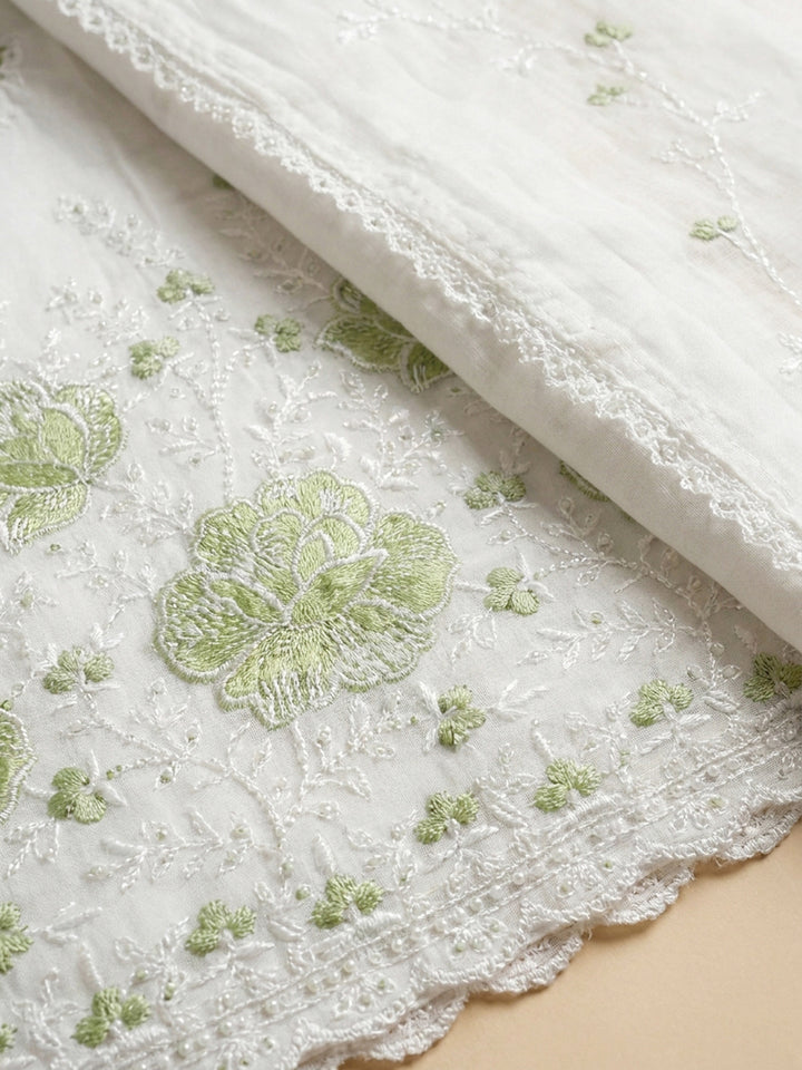 Cream Pista Green Embroidered Cotton Blend Unstitched Suit &amp; Pant With Cotton Dupatta