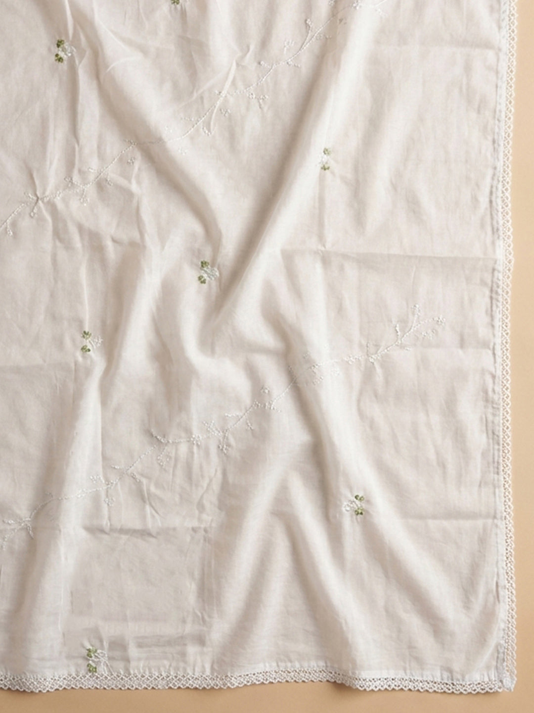 Cream Pista Green Embroidered Cotton Blend Unstitched Suit &amp; Pant With Cotton Dupatta