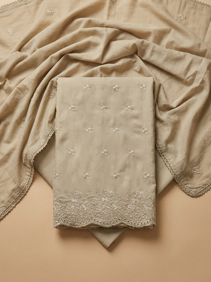 Chikoo Embroidered Cotton Blend Unstitched Suit &amp; Pant With Cotton Dupatta