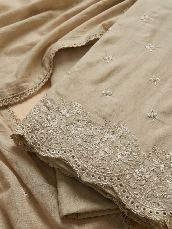 Chikoo Embroidered Cotton Blend Unstitched Suit &amp; Pant With Cotton Dupatta
