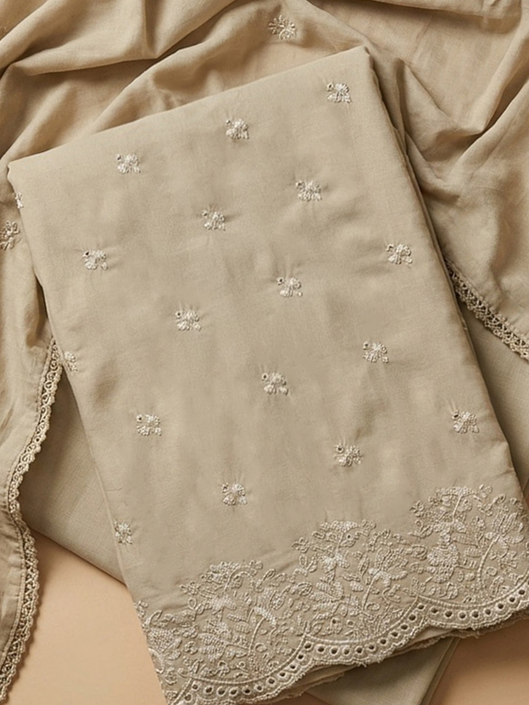 Chikoo Embroidered Cotton Blend Unstitched Suit &amp; Pant With Cotton Dupatta