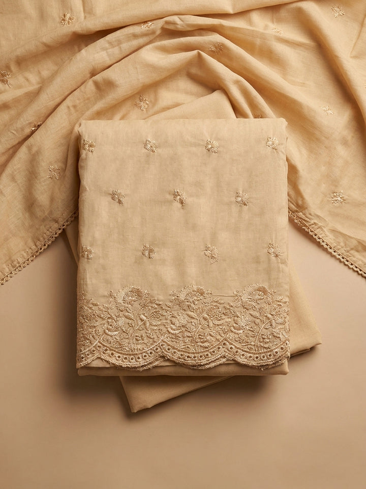 Mustard Embroidered Cotton Blend Unstitched Suit &amp; Pant With Cotton Dupatta