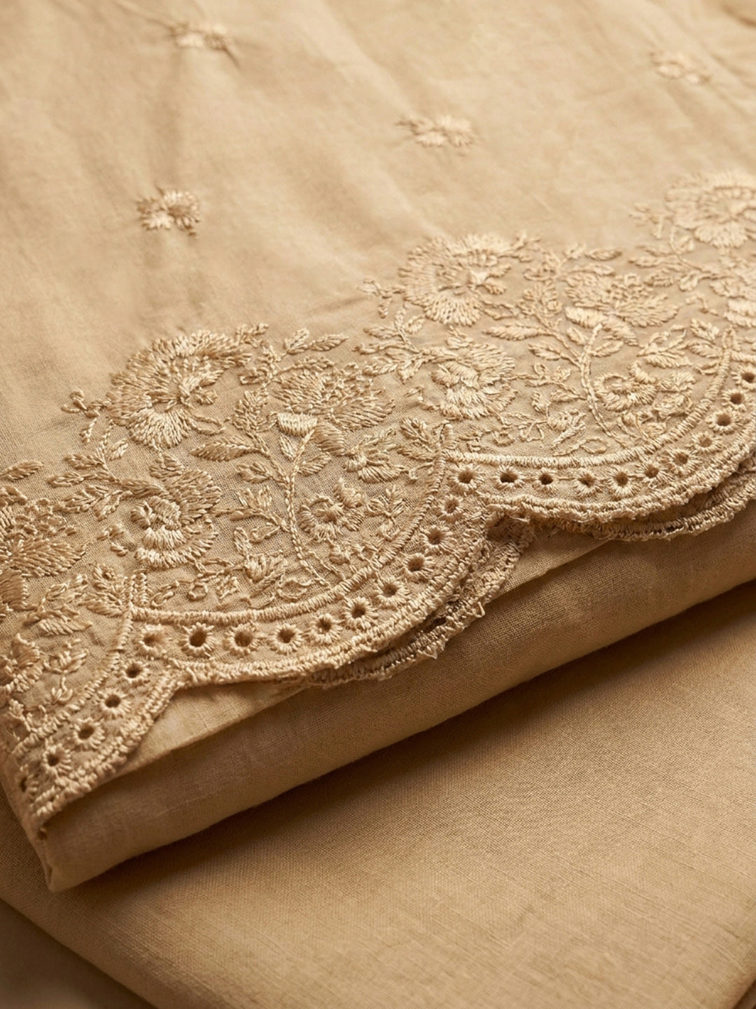 Mustard Embroidered Cotton Blend Unstitched Suit &amp; Pant With Cotton Dupatta