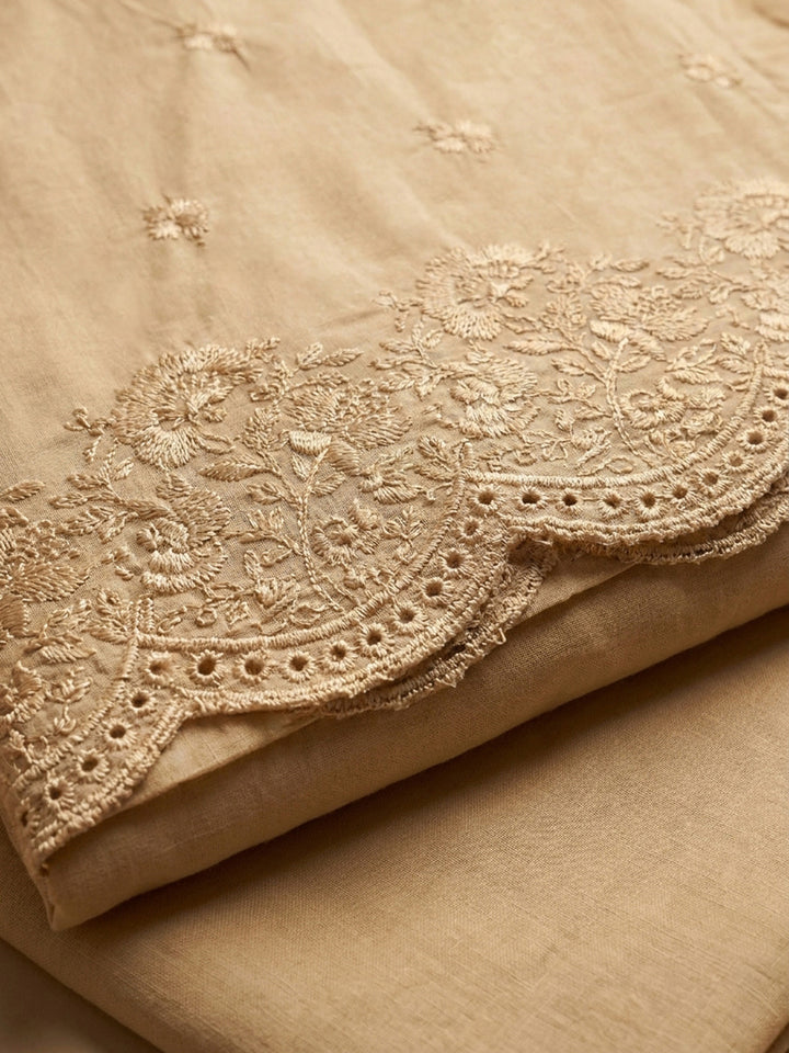 Mustard Embroidered Cotton Blend Unstitched Suit &amp; Pant With Cotton Dupatta