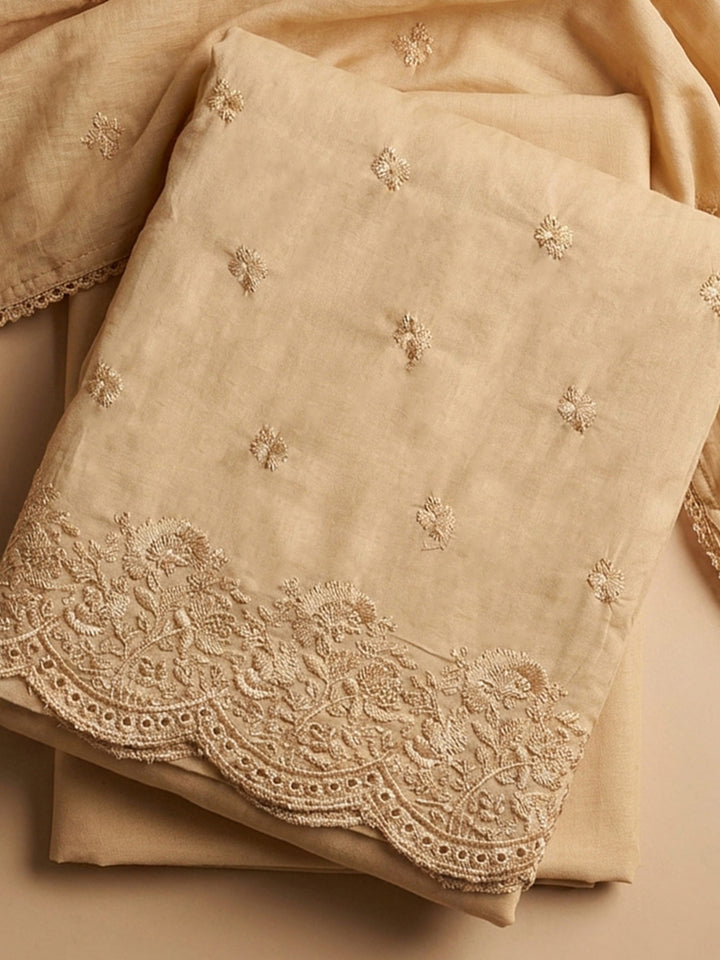 Mustard Embroidered Cotton Blend Unstitched Suit &amp; Pant With Cotton Dupatta