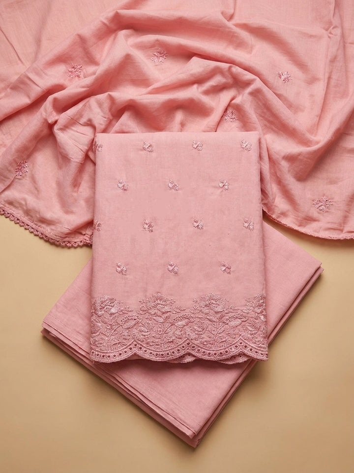 Peach Embroidered Cotton Blend Unstitched Suit &amp; Pant With Cotton Dupatta