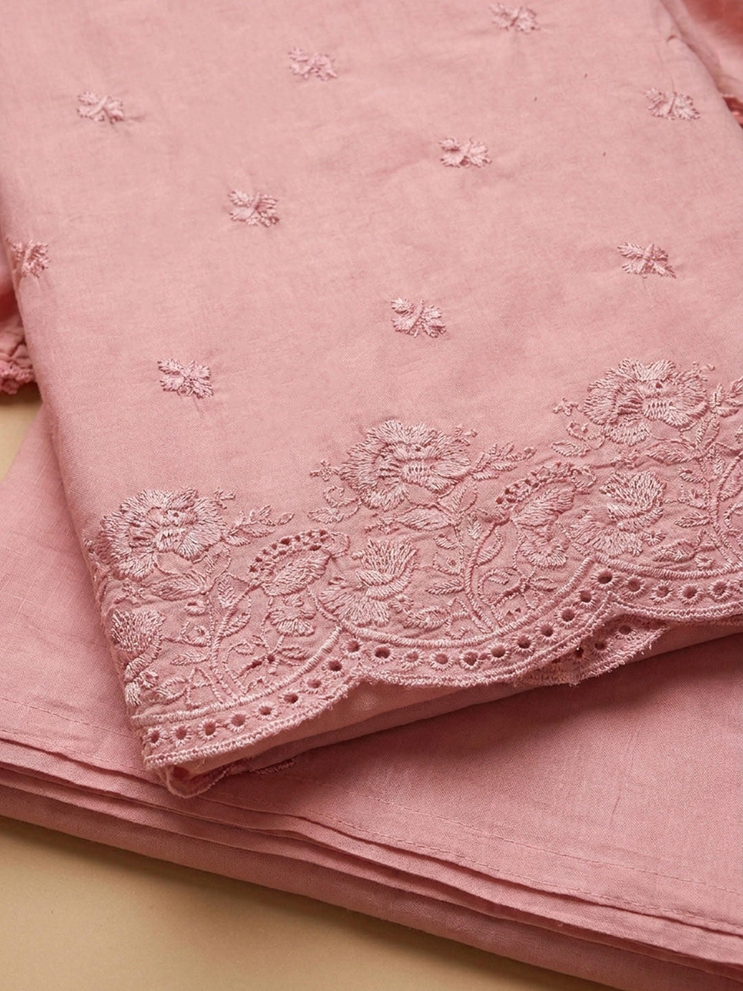Peach Embroidered Cotton Blend Unstitched Suit &amp; Pant With Cotton Dupatta