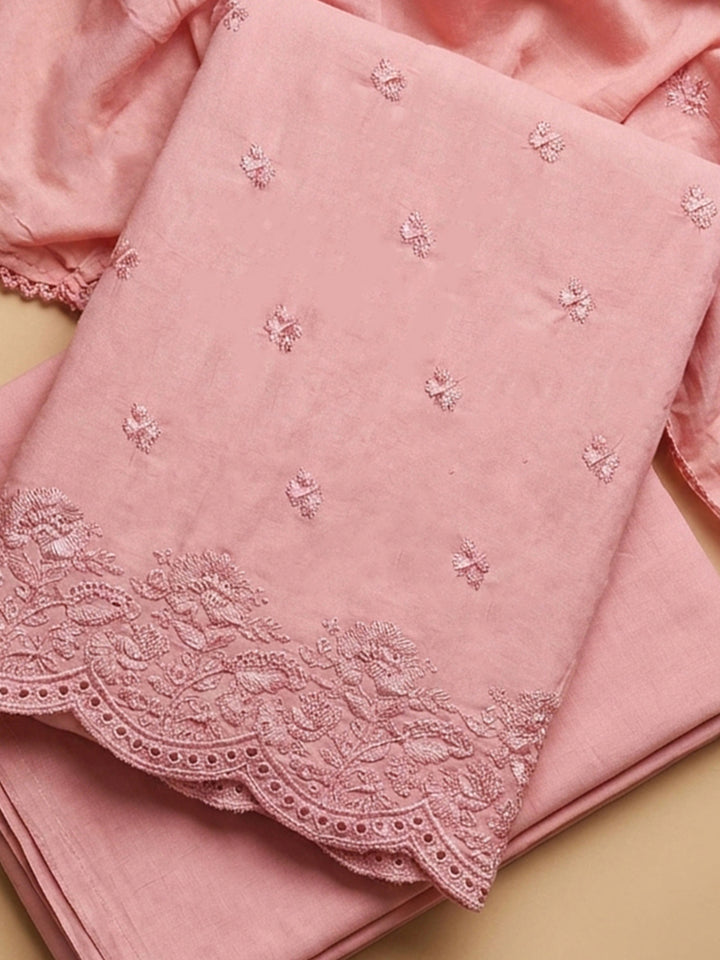 Peach Embroidered Cotton Blend Unstitched Suit &amp; Pant With Cotton Dupatta
