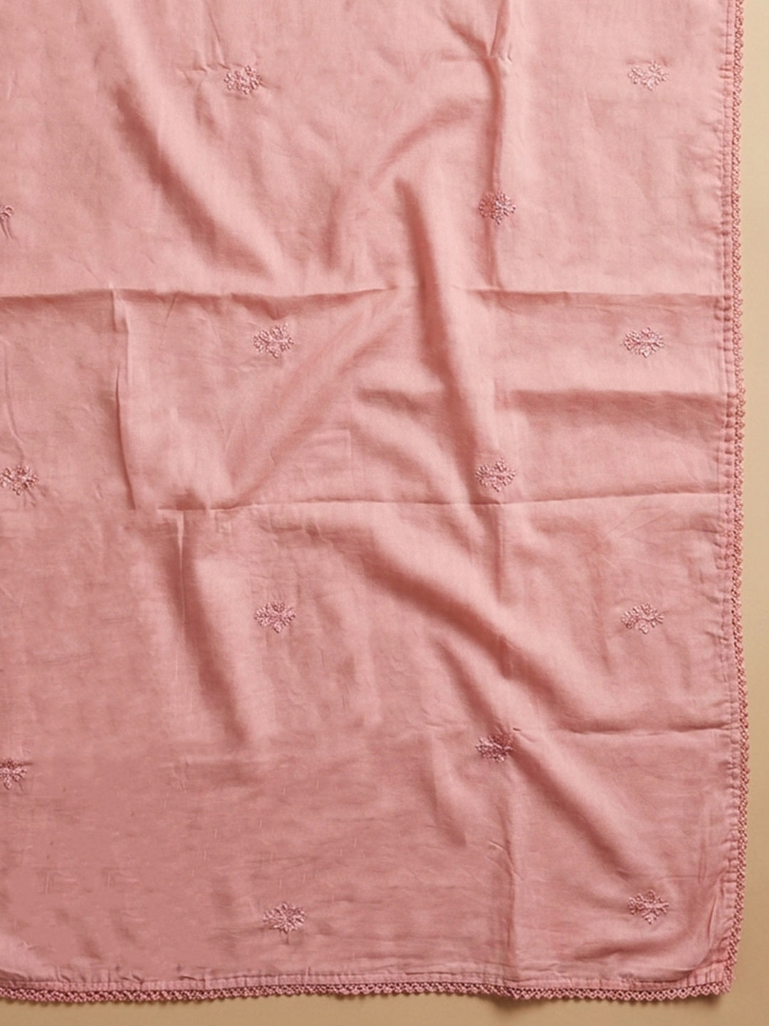 Peach Embroidered Cotton Blend Unstitched Suit &amp; Pant With Cotton Dupatta